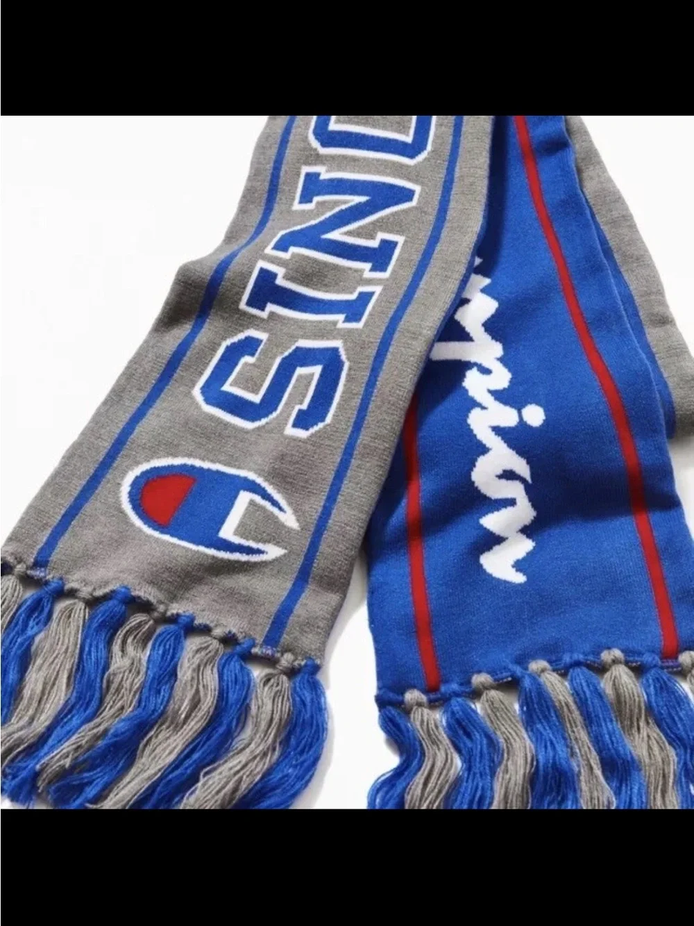 Champion Since 1919 Reversible Knit Scarf Blue Gray Logo Winter Fringe 64”